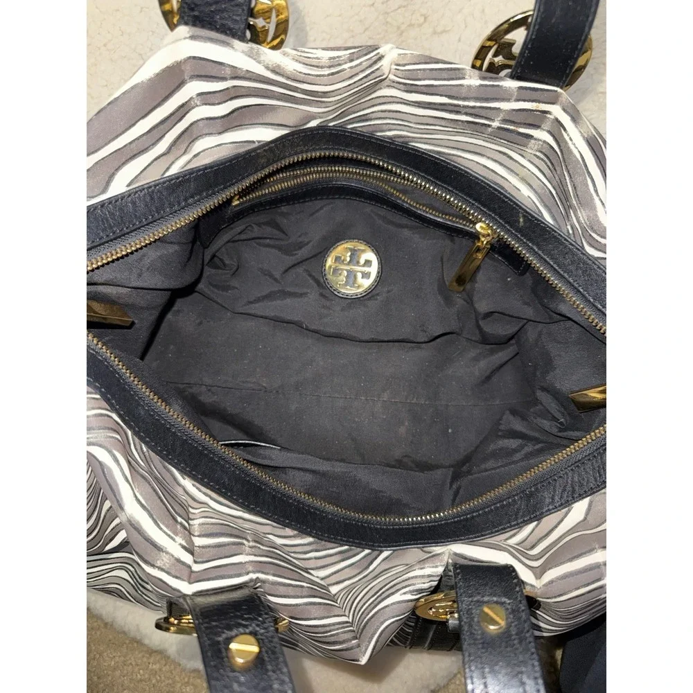Tory Burch‎ Zebra Stripe Satchel Shoulder Bag Leather Trim Gold Logo Y2K Style